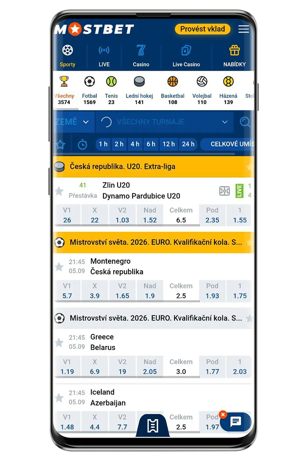 Rozhraní sázkové kanceláře Mostbet na mobilním zařízení
